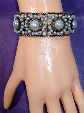 Vintage Pearl & Mabe Pearl Front Opening Clamper bracelet, Ornate Rectangles
